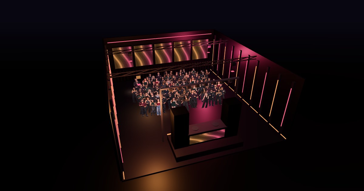 100 standing audience members in an illustrative party hall scene
