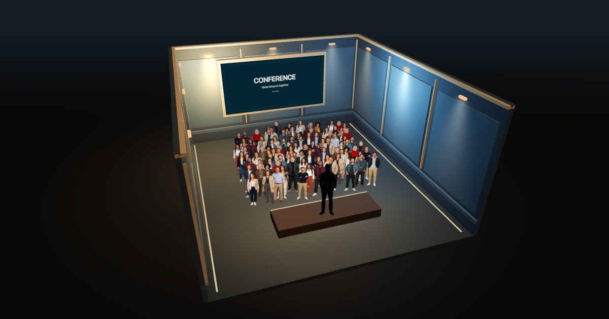 An illustrative MyCrowd conference scene with exactly 100 standing audience members