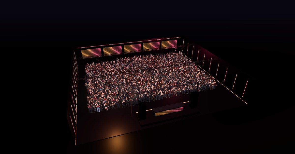 1,000 standing audience members in an illustrative party hall scene