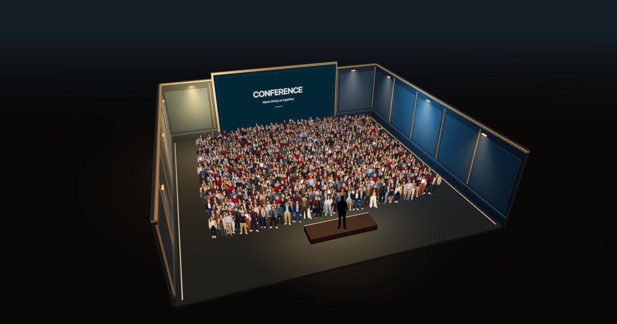 1,000 standing audience members in an illustrative conference scene