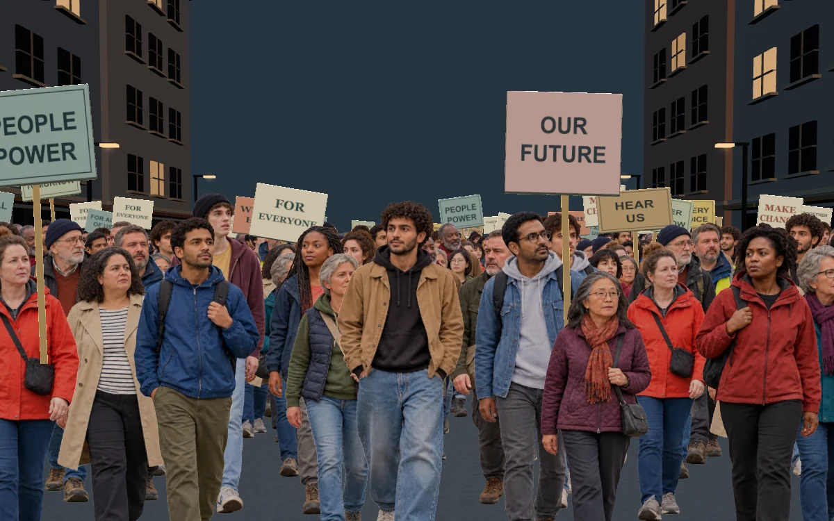 Street view of 1,000 illustrated demonstrators in jackets, hoodies and backpacks, with sparse placards on a 3D city avenue at dusk