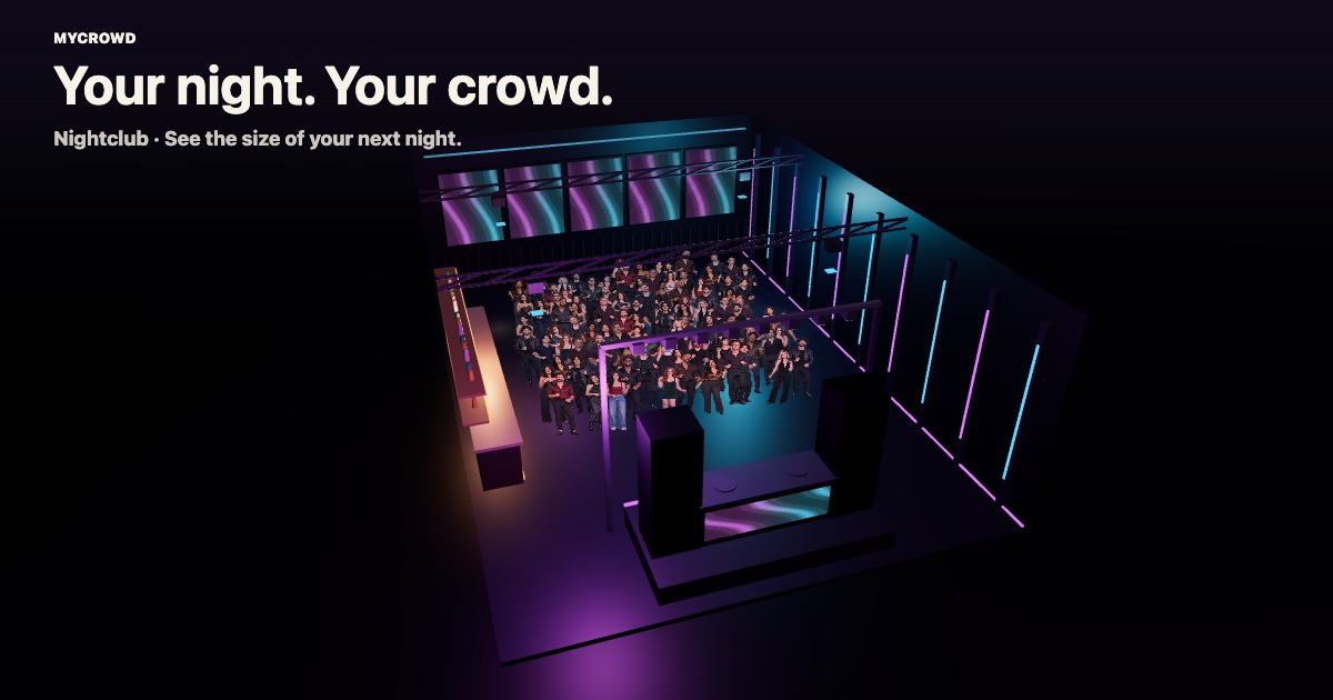 An illustrative MyCrowd nightclub scene with standing guests and a DJ booth
